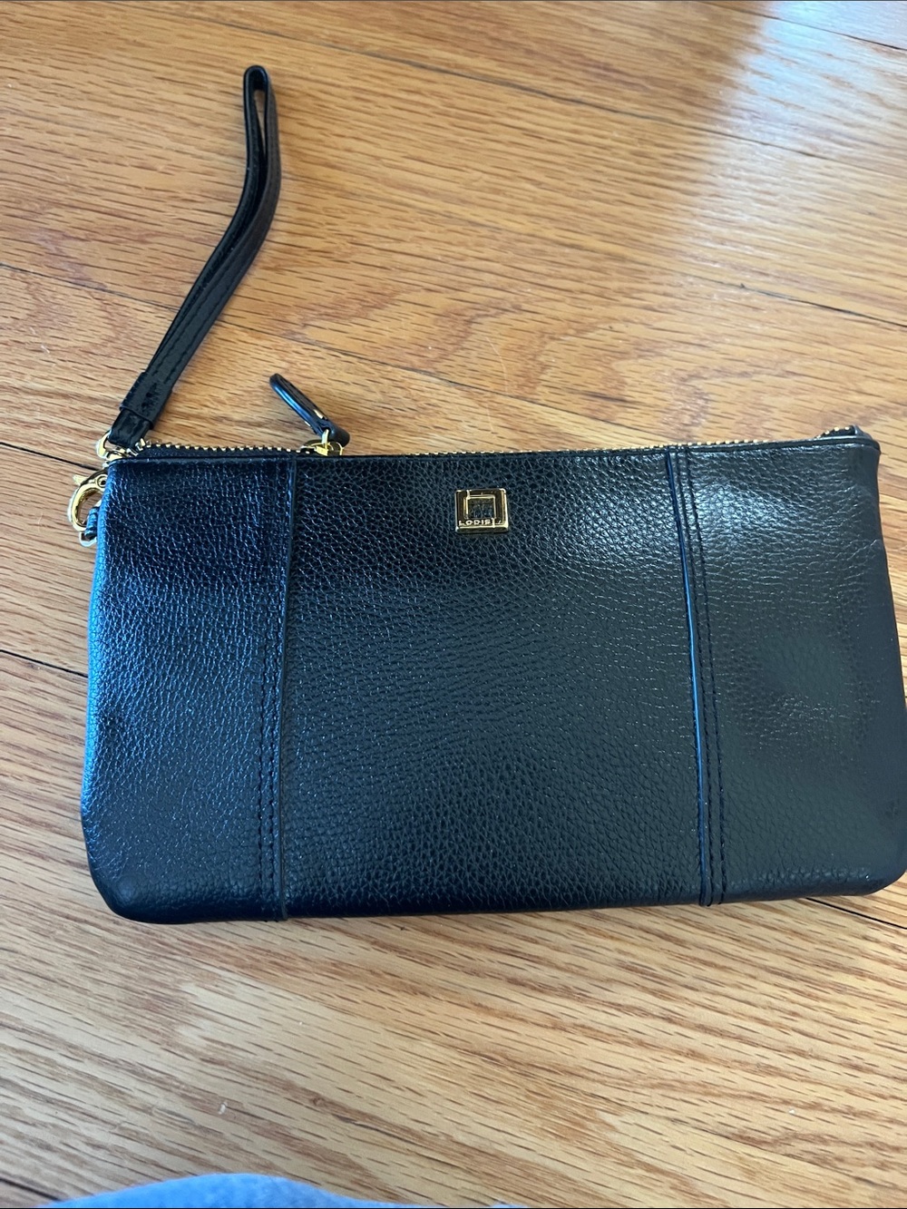 NWOT Lodis Black Leather Wristlet Clutch with Gold Hardware